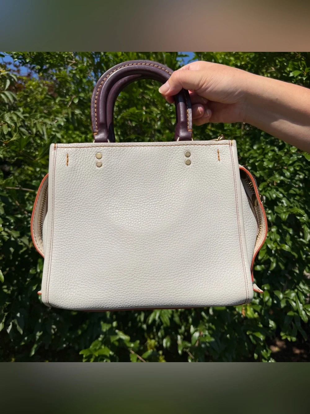 Coach White Pebbled Leather Shoulder Bag with Brown Handles and Pink Trim